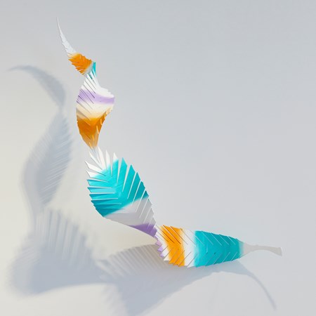 hand painted with aqua car paint aluminium abstract feather with bands of colour in white lilac orange and aquamarine