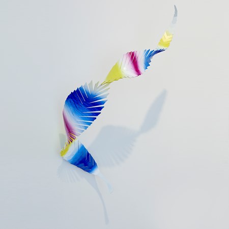 curling abstract feather with regular cuts down the length with bands of colour in blue white yellow and pink hand made from hand painted aluminium with aqua car paint