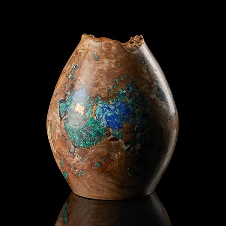 hand turned oval wooden vessel with organic top and areas filled with different precious minerals in blue aqua and jade colours including malachite chrysocolla lapis lazuli native copper and gold