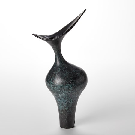 tall dark grey green and jade organically patterned abstract bird shaped sculpture with narrow base, widening middle and sleek top beak form inspired by brancusi hand made from bronze