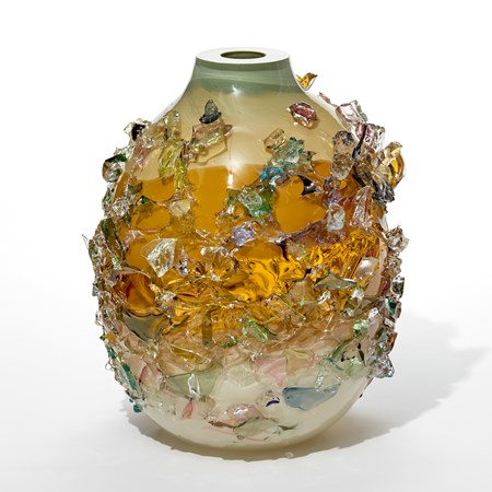 round droplet shaped glass vase in sage green yellow amber and alabaster covered in organic soft shards in mint blue and pink hand made from glass