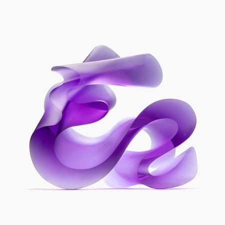 swirling standing opaque cast glass artwork in a brilliant purple lilac colour with the appearance of calligraphy and almost abstract arabic text with two sides shiny flat and parallel and two undulating and curling creating a dramatic outline