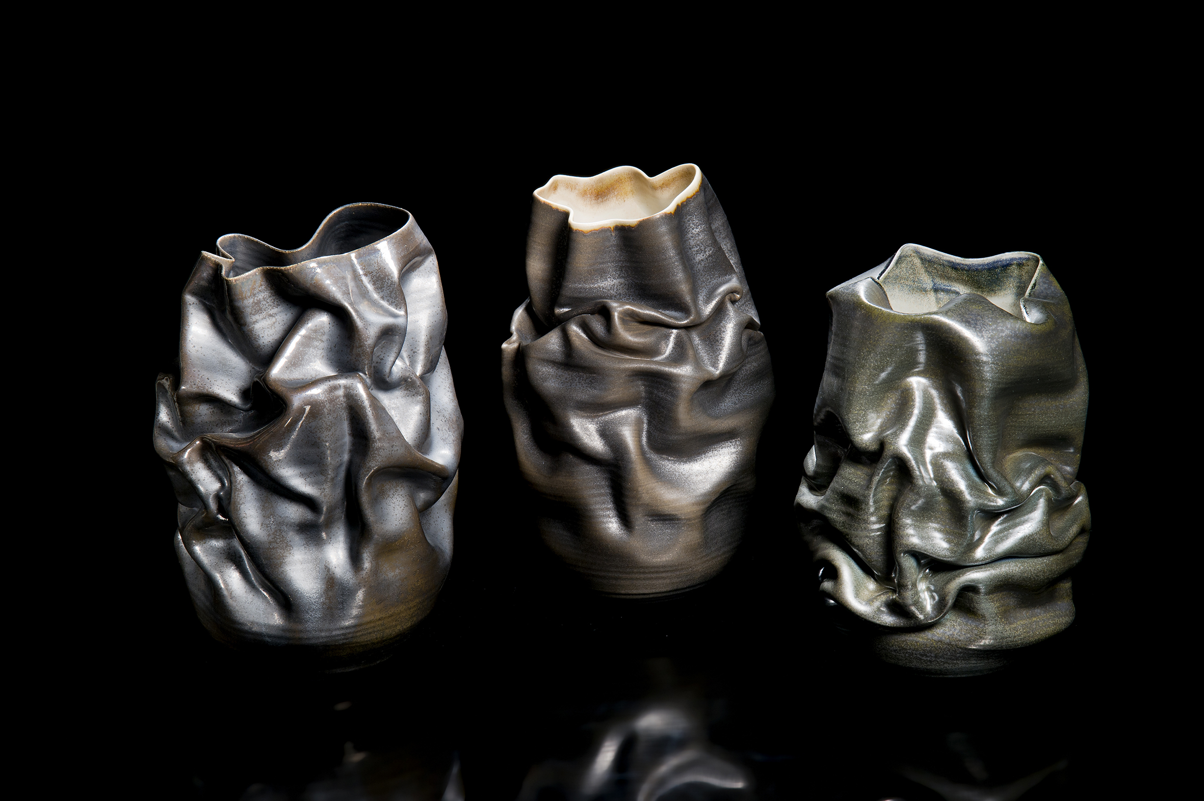 Black Crumpled Form ceramic vase sculpture by Nicholas Arroyave-Portela