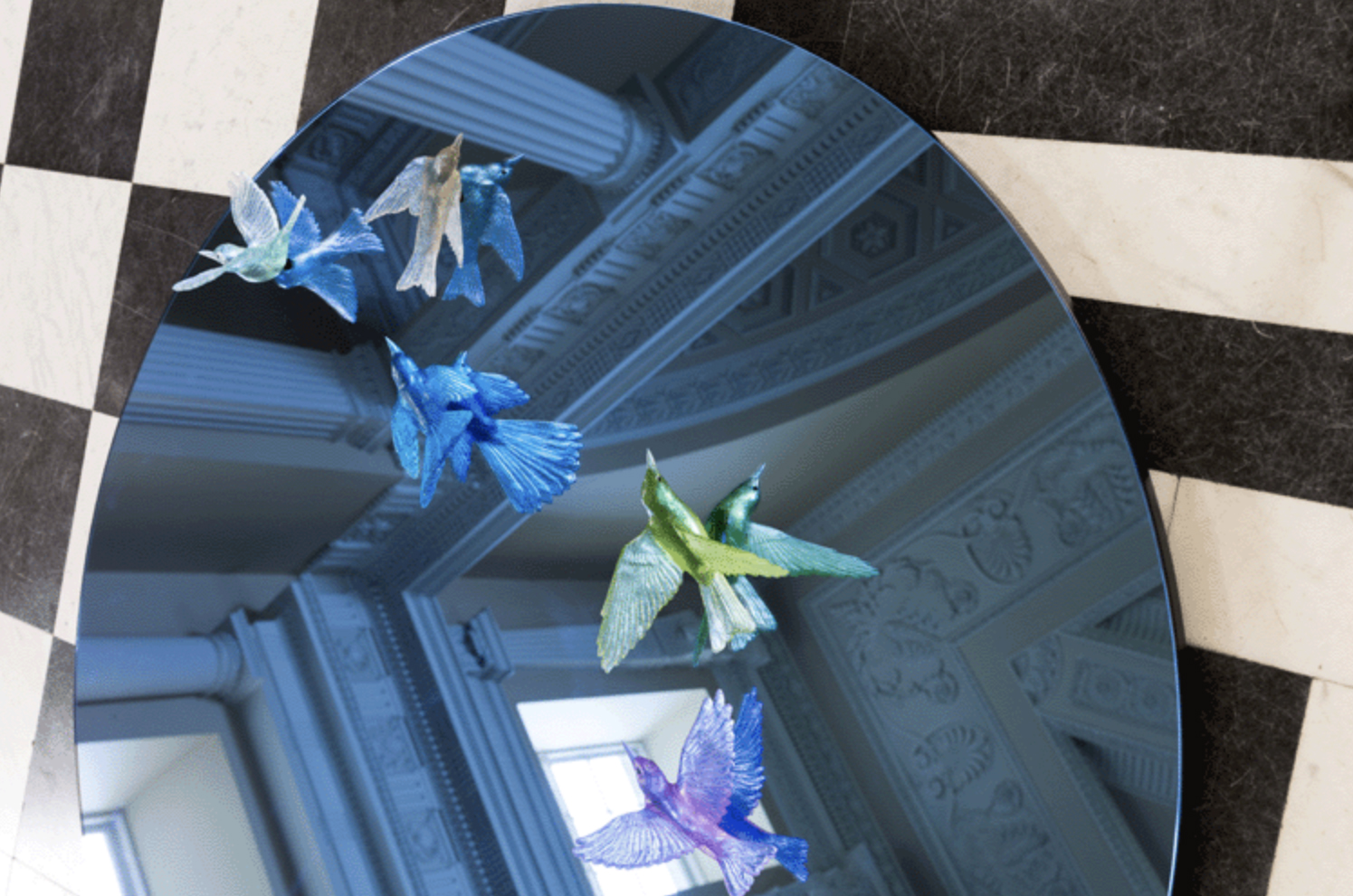 hallway mirror with coloured glass birds by lukeke design new zealand