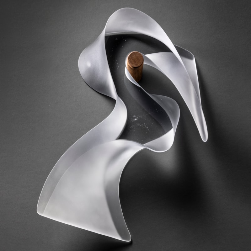 transparent abstract bird shaped hanging wall mounted sculpture with a clear front and back and frosted curling side hand made from cast glass and suspended on a round peg shaped teak fitting