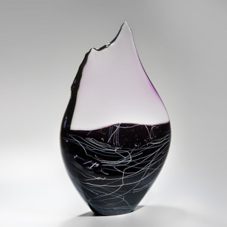 blown and sculpted glass ornament in abstract teardrop shape in black clear and pink