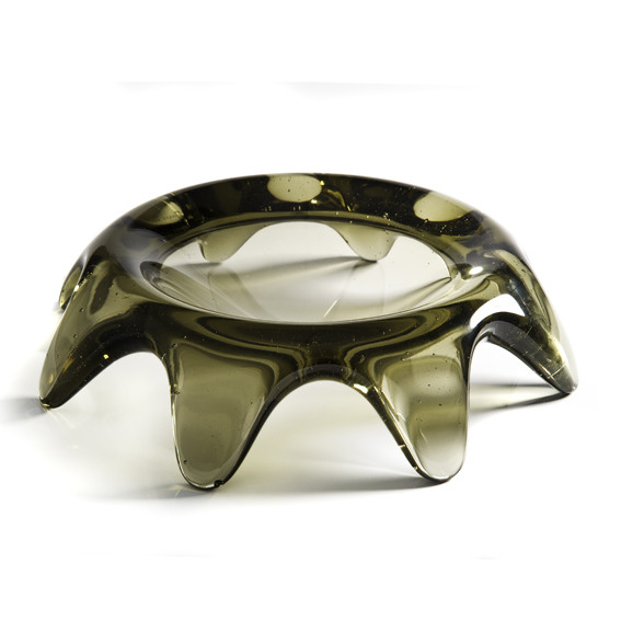 art glass grandfather bowl in dark grey green