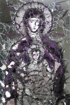 modern glass art painting of mother and son in orthodox christian style in grey and purple