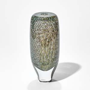 tall transparent cylinder vase with tapered base and flat top with fine trapped repeat pattern in grey celadon olive khaki and brown hand made from glass