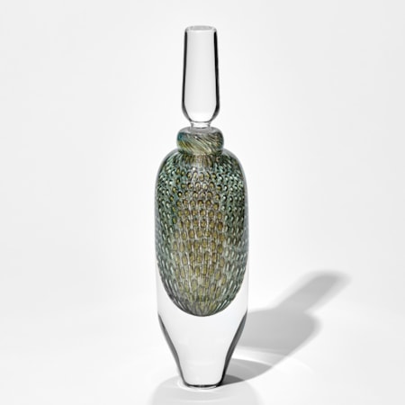 tall clear stoppered bottle with the middle covered in a dense murrine repeat pattern in grey celadon khaki olive and brown handmade from glass