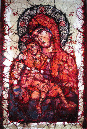 glass art canvas of virgin mary and child in red blue and light grey