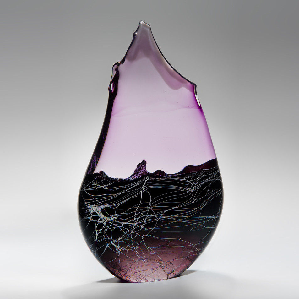 abstract teardrop shaped blown glass sculpture in pink and black swathes