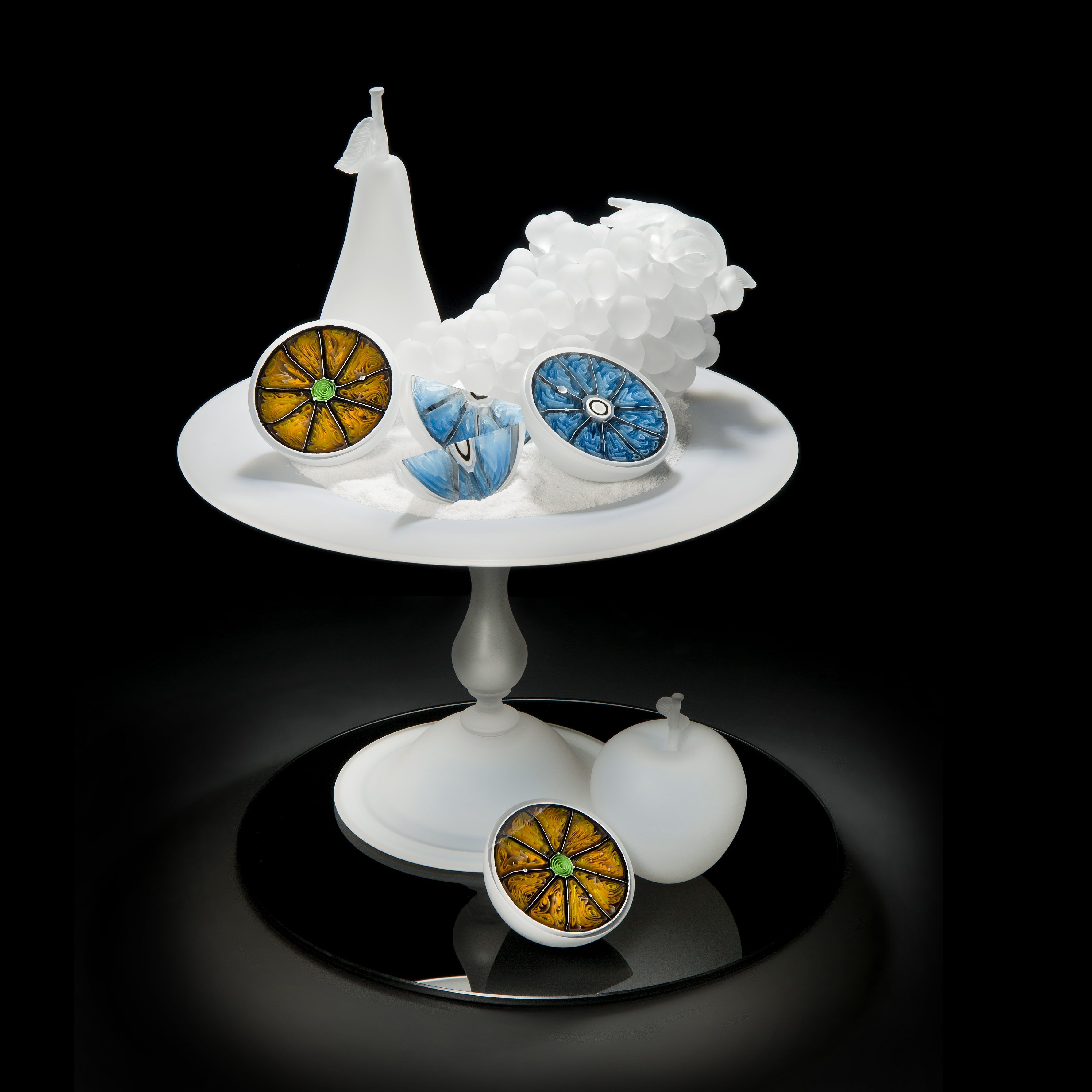 still life handblown and sculpted art glass scene of fruits on tray in white and neon