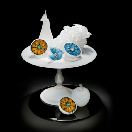 still life handblown and sculpted art glass scene of fruits on tray in white and neon