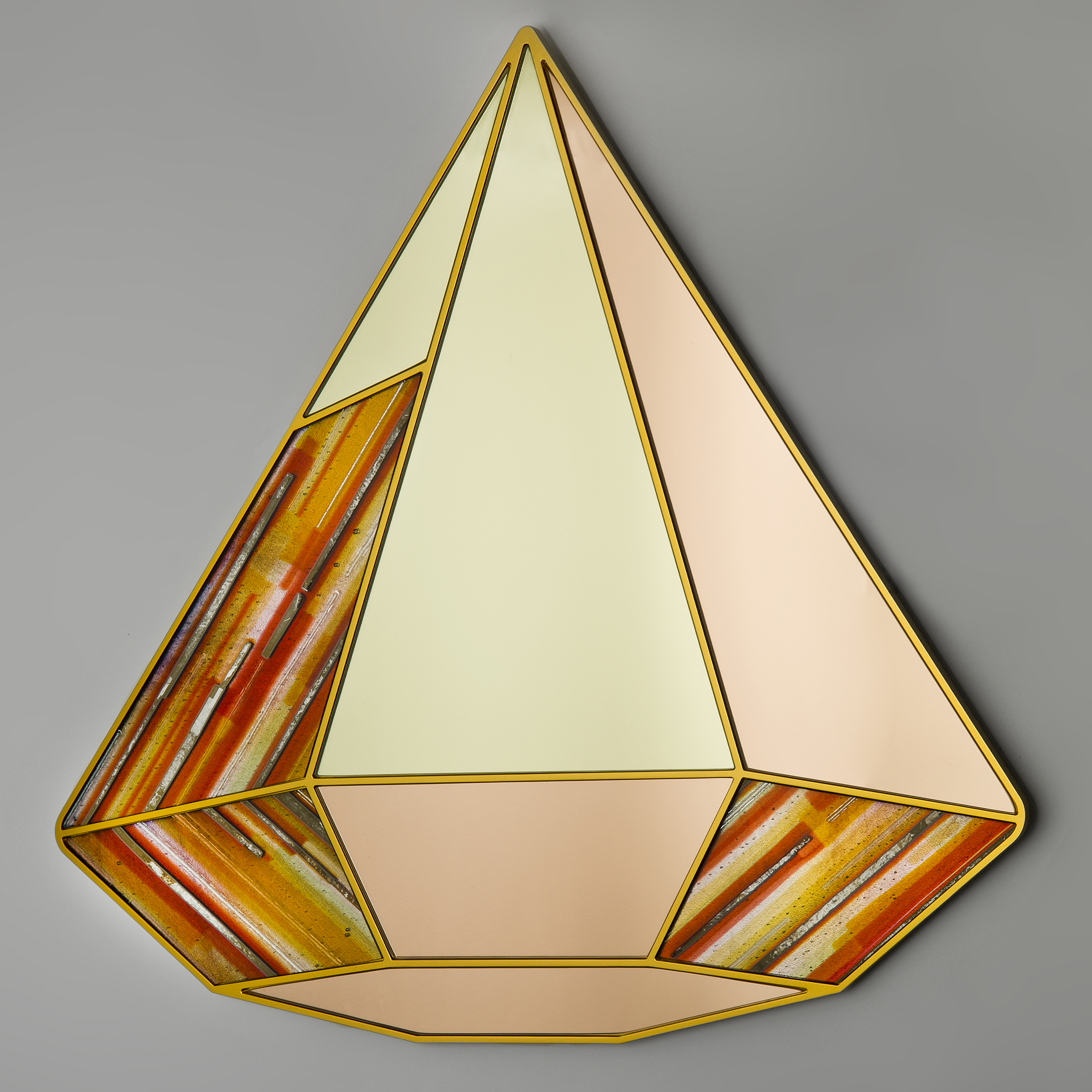 diamon shaped art glass wall hanging mirror sculpture in coral topaz