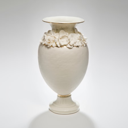 ceramic footed vase sculpture in white with forget me nots