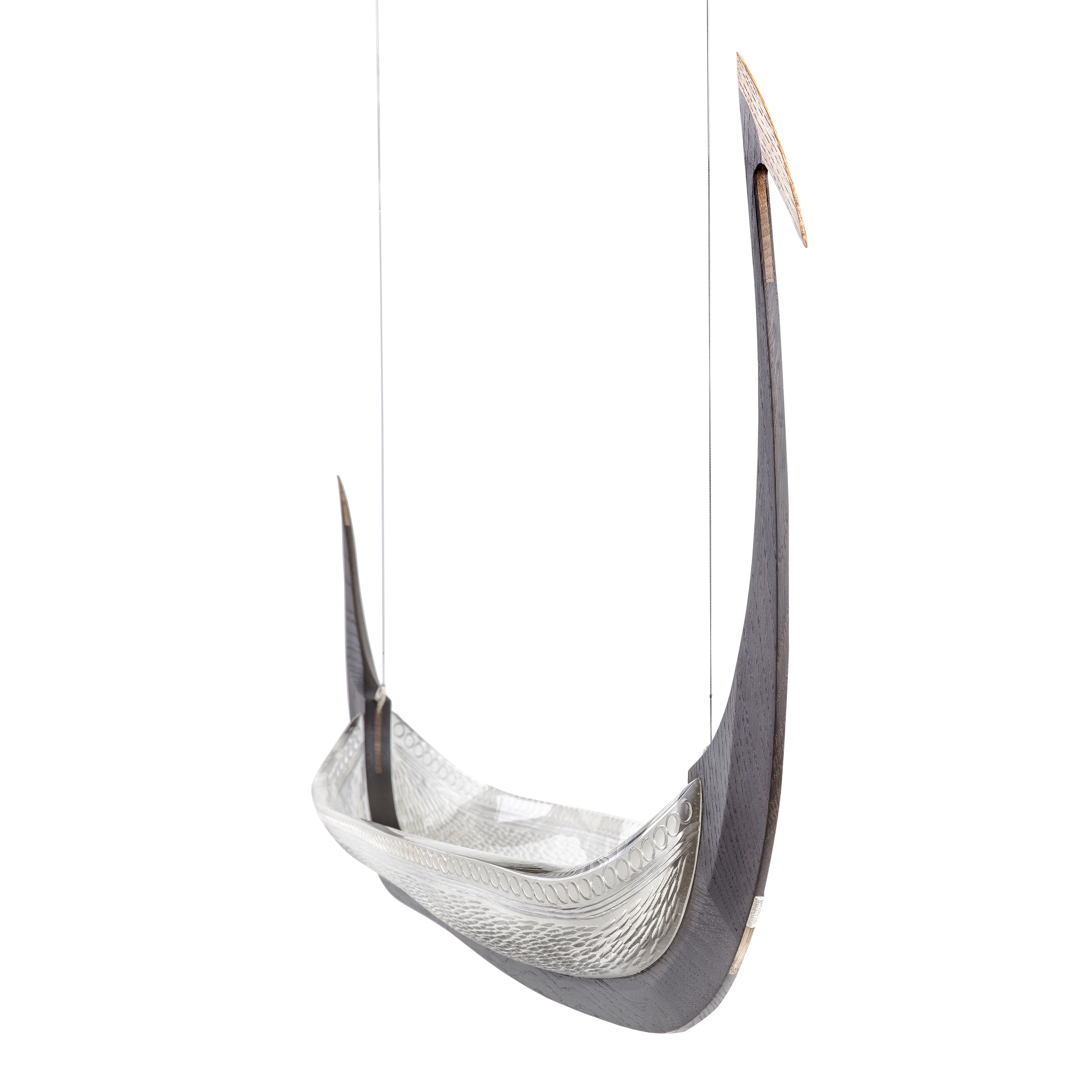 mixed wood and glass sculpture of viking longboat with white glass and oak