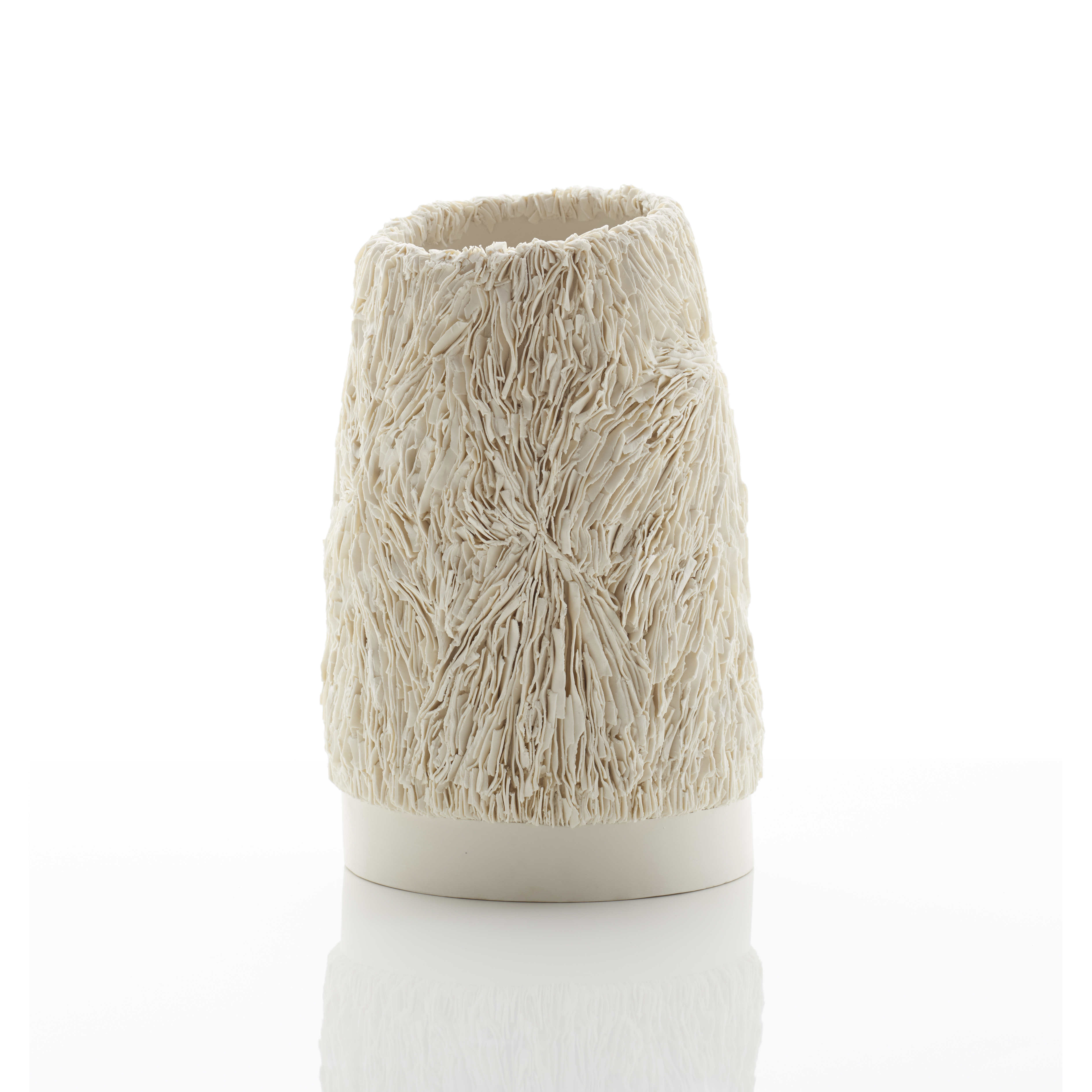 tall porcelain leaning vessel sculpture with comlpex outer edge