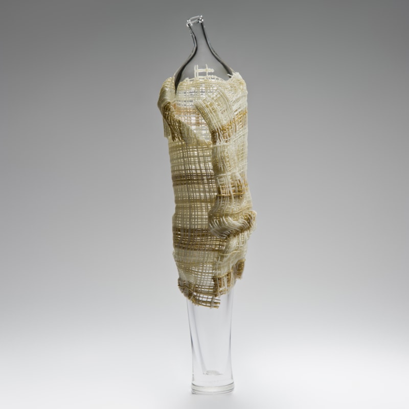 Free blown tall and thin glass sculptural vase with brown and beige kiln dressing