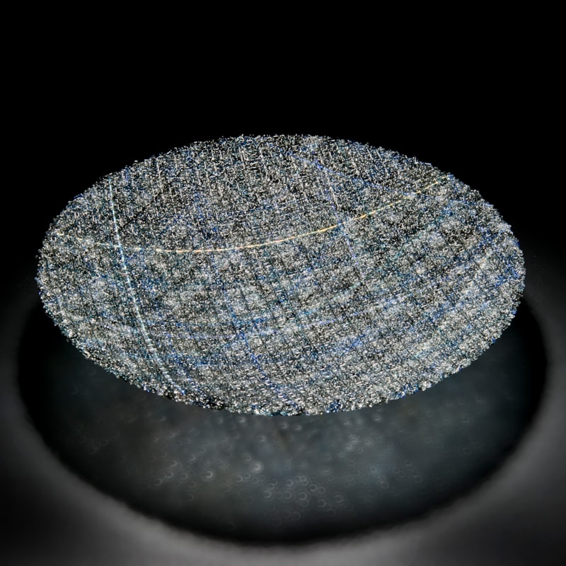 modern fused art-glass sculpture of diorama in blue black and white