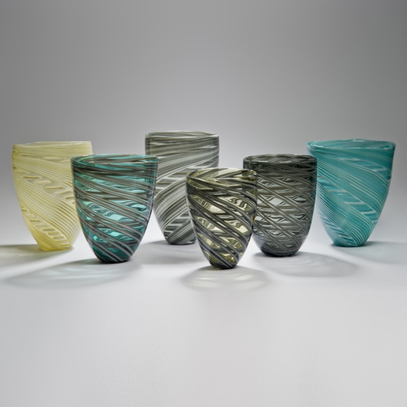 collection of free-blown art-glass short vases in yellow green and grey colours
