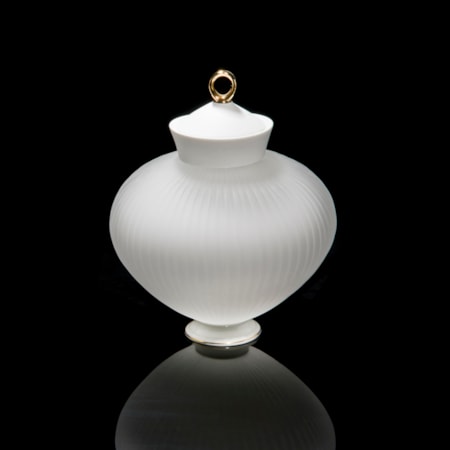 glass and ceramic teapot shaped art sculpture in white and gold