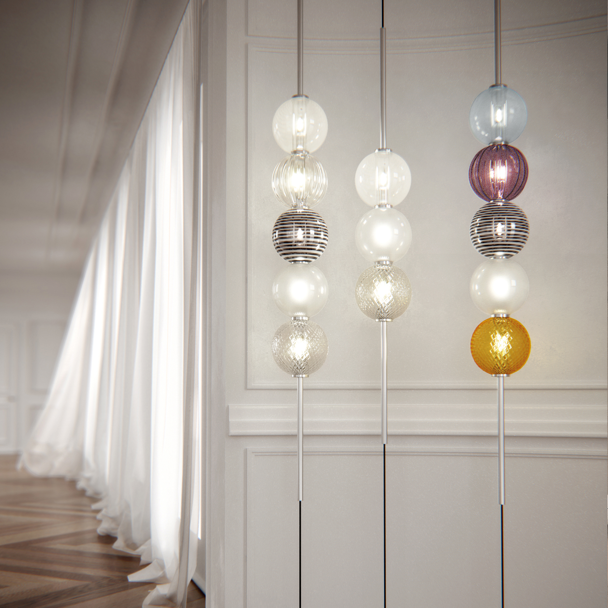 three floor lamps with colourful spherical glass bubbles