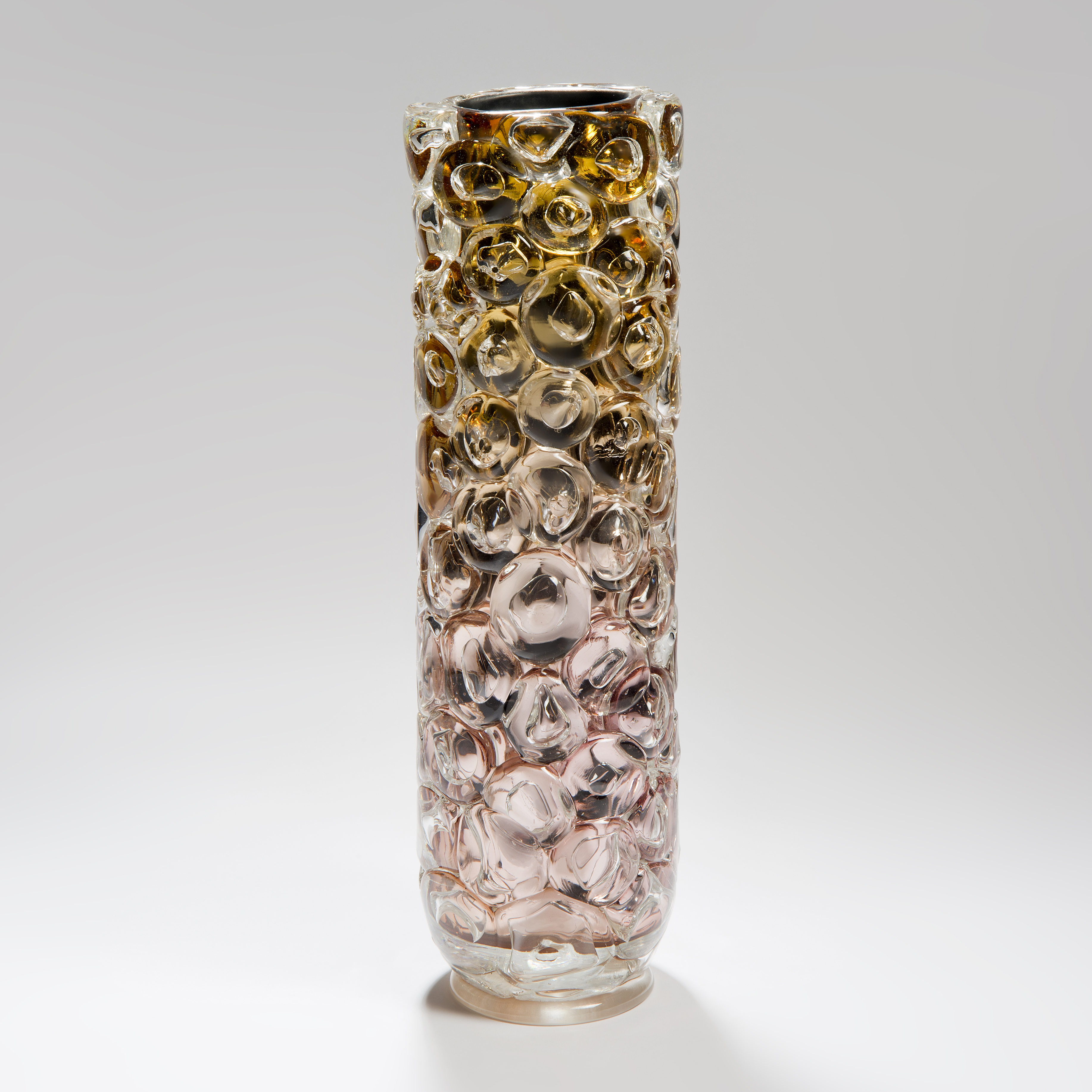 tall art-glass vase with mirrored interior in pink and gold