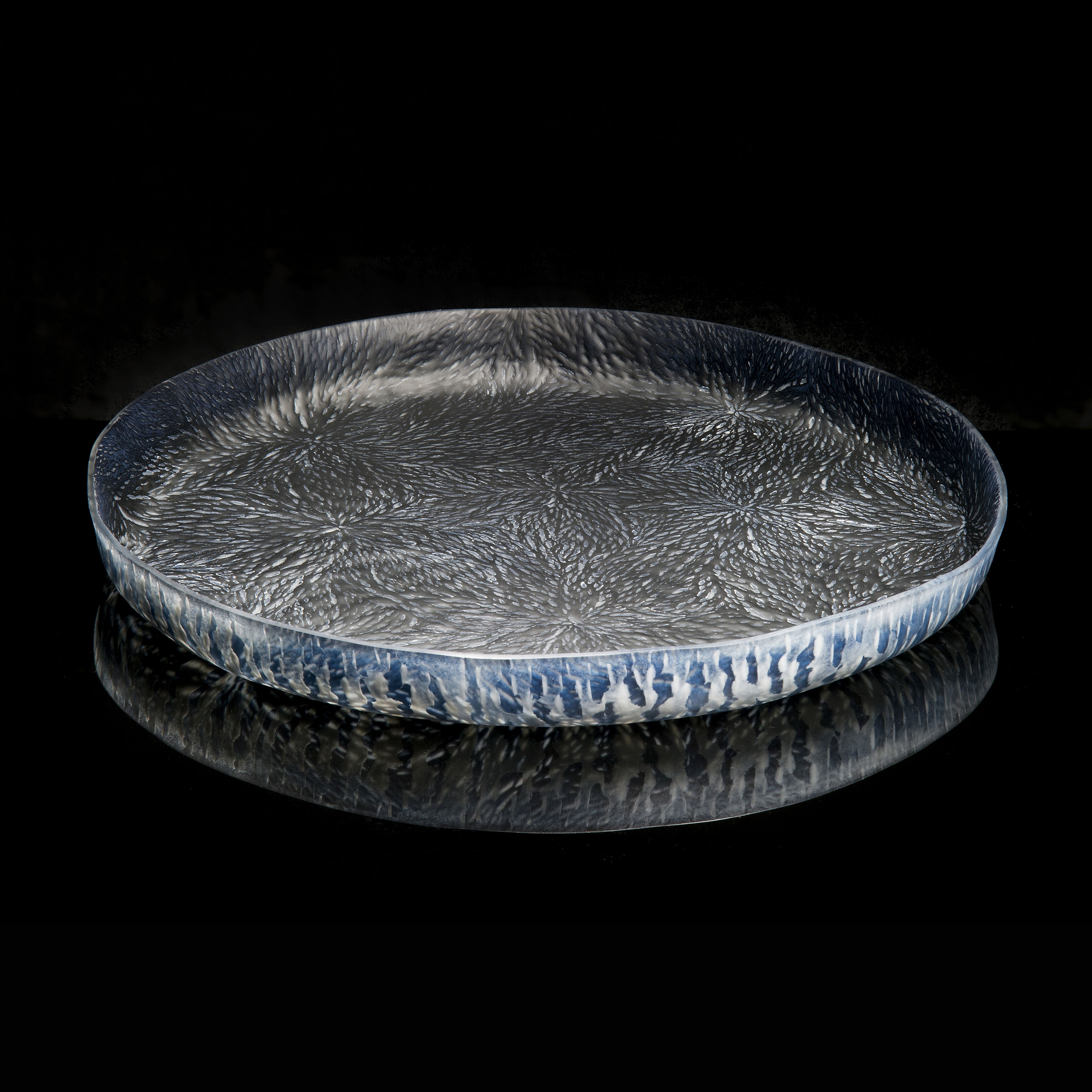 beautiful ornate black blue glass dish 