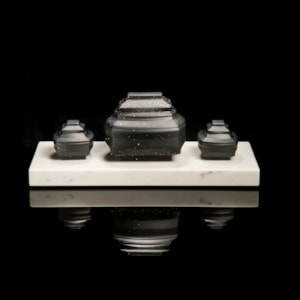 korean art glass ornament of teaset in marble and black colours and gold speckles