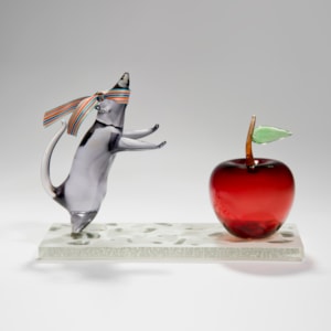 handblown and sculpted glass art of mouse and apple