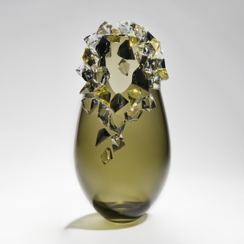 brown grey glass centrepiece sculpture with crystal adornment