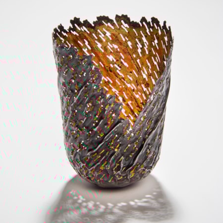 contemporary art sculpture of re-formed steel can with orange gold inlay and open edge