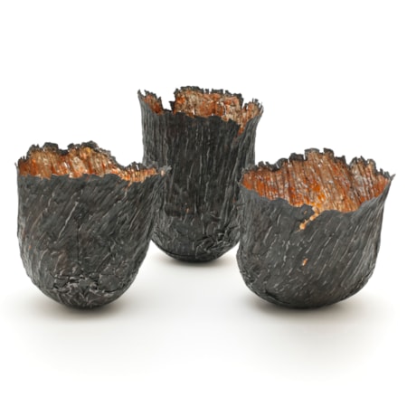 three steel copper and gold bowl art sculptures