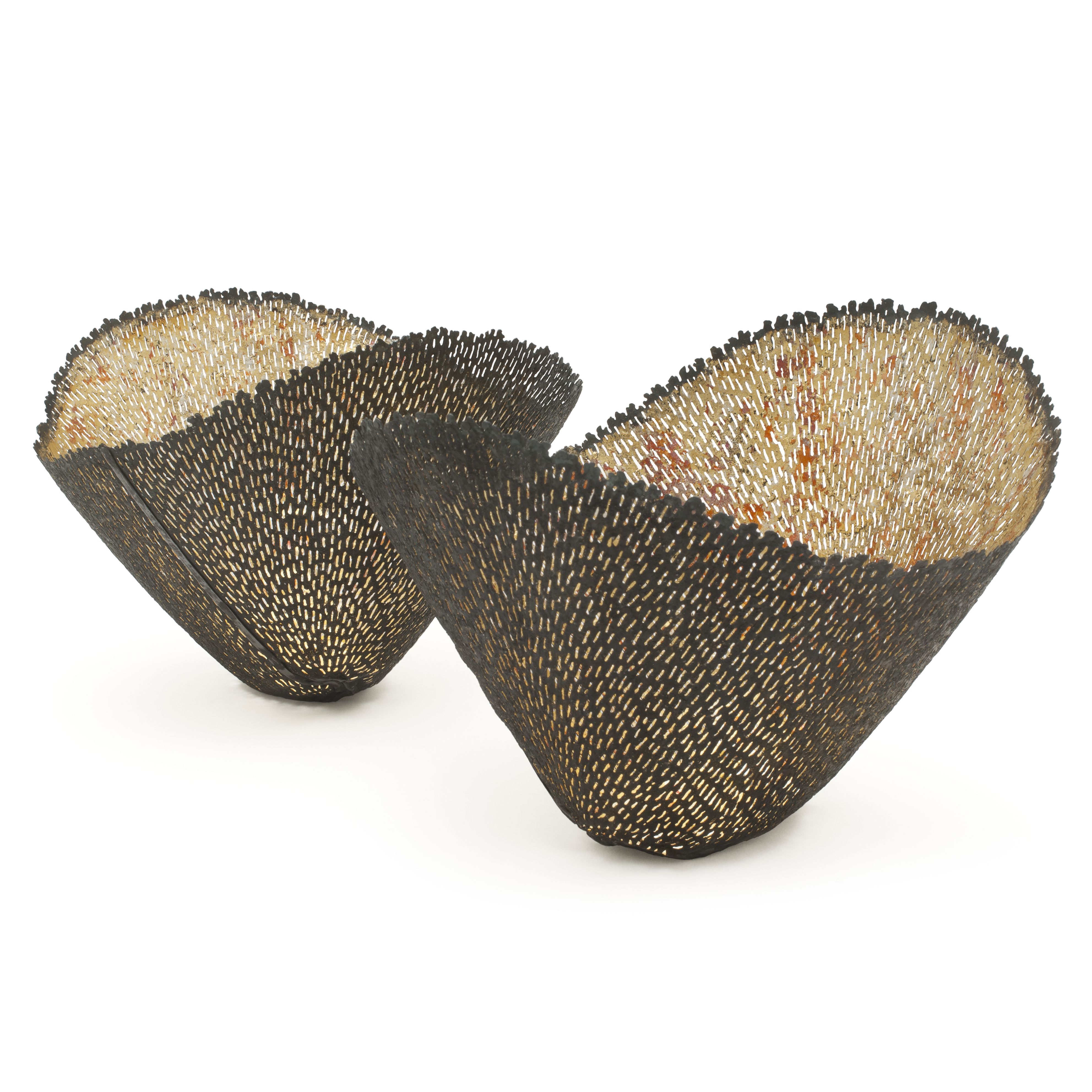 two flared vessels sculpted from metal and wood with dark brown mesh exterior and beige interior