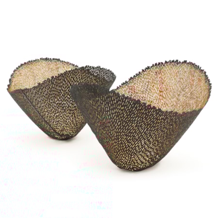 two flared vessels sculpted from metal and wood with dark brown mesh exterior and beige interior