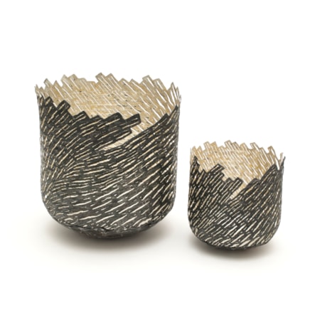 one large one small vessels with wood-like external pattern made from steel and gold