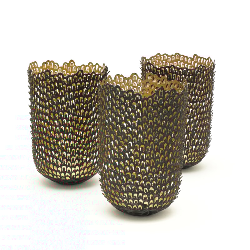 three steel and gold vase sculptures made from small pieces of stacked steel and gold