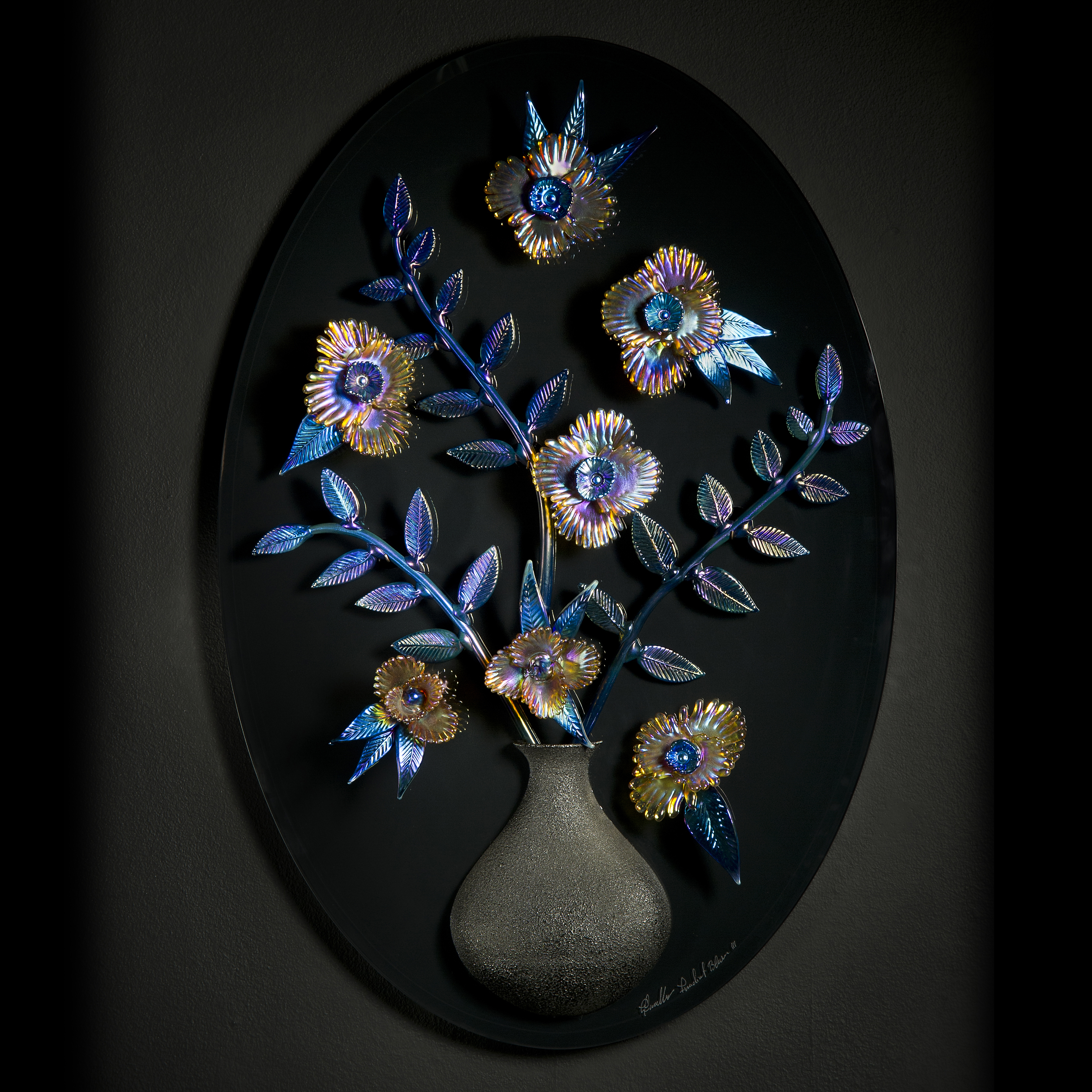 wall hanging art glass sculpture of flowers in vase