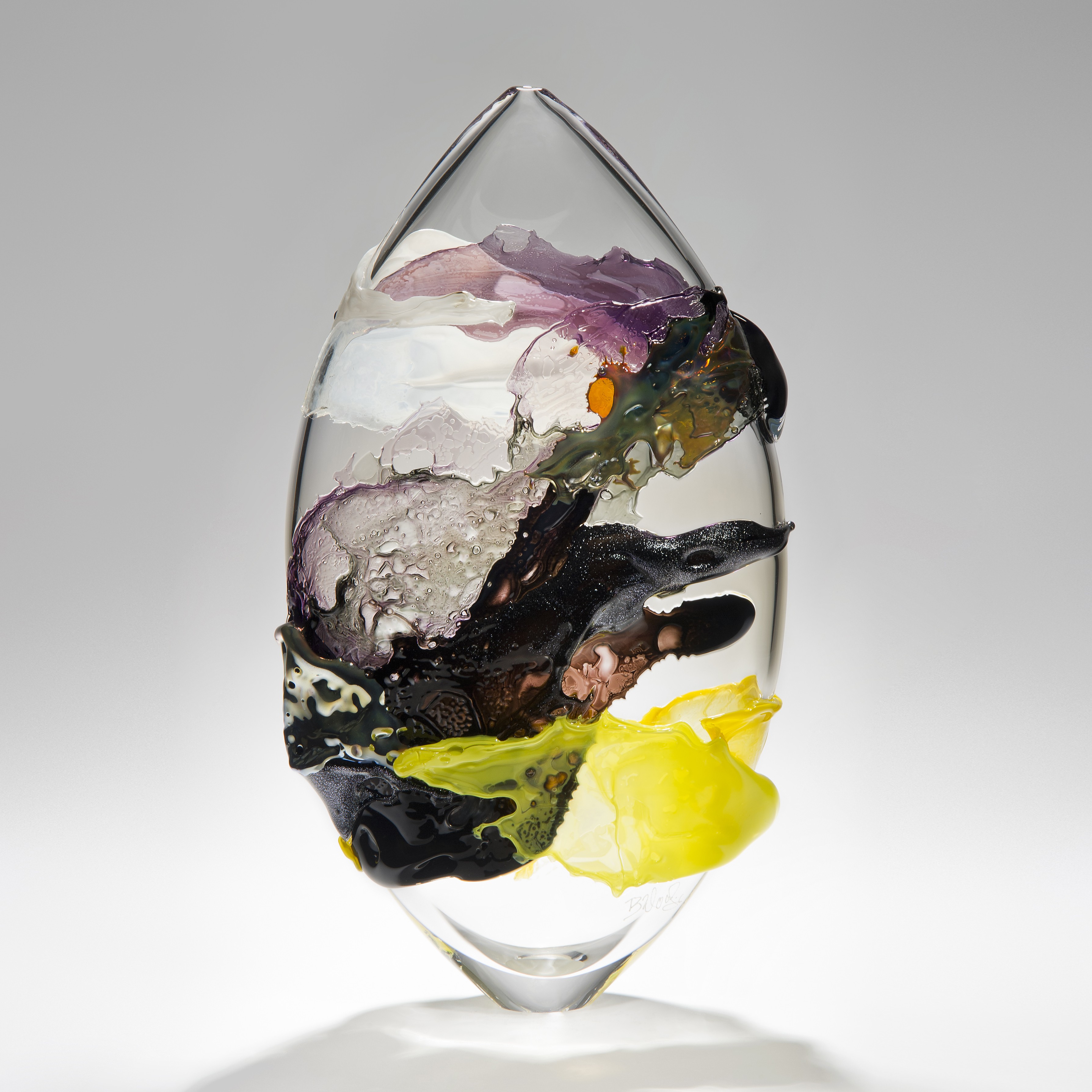 modern abstract art clear glass vessel ornament with light and dark coloured exterior
