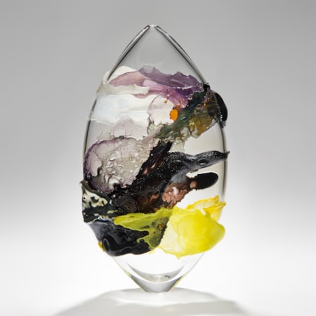 modern abstract art clear glass vessel ornament with light and dark coloured exterior