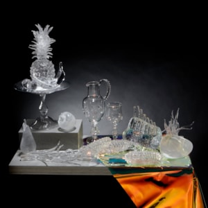 elaborate still life artwork of fruit made of glass PVC and concrete