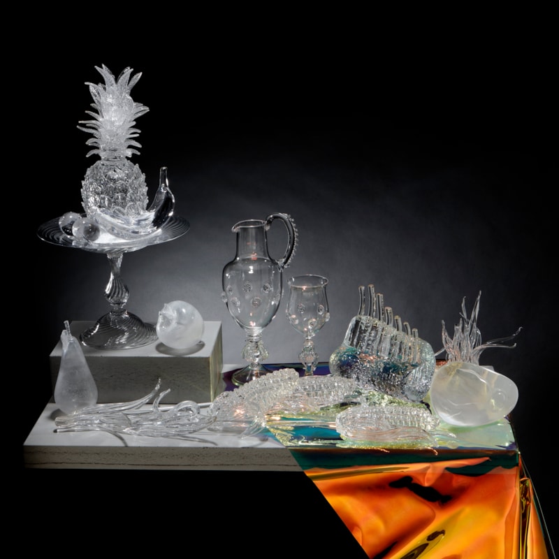 elaborate still life artwork of fruit made of glass PVC and concrete
