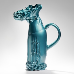 experimental scandinavian glass art sculpture of pitcher with handle in green