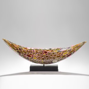 circular patterned handblown intricate glass sculpture in concave shape