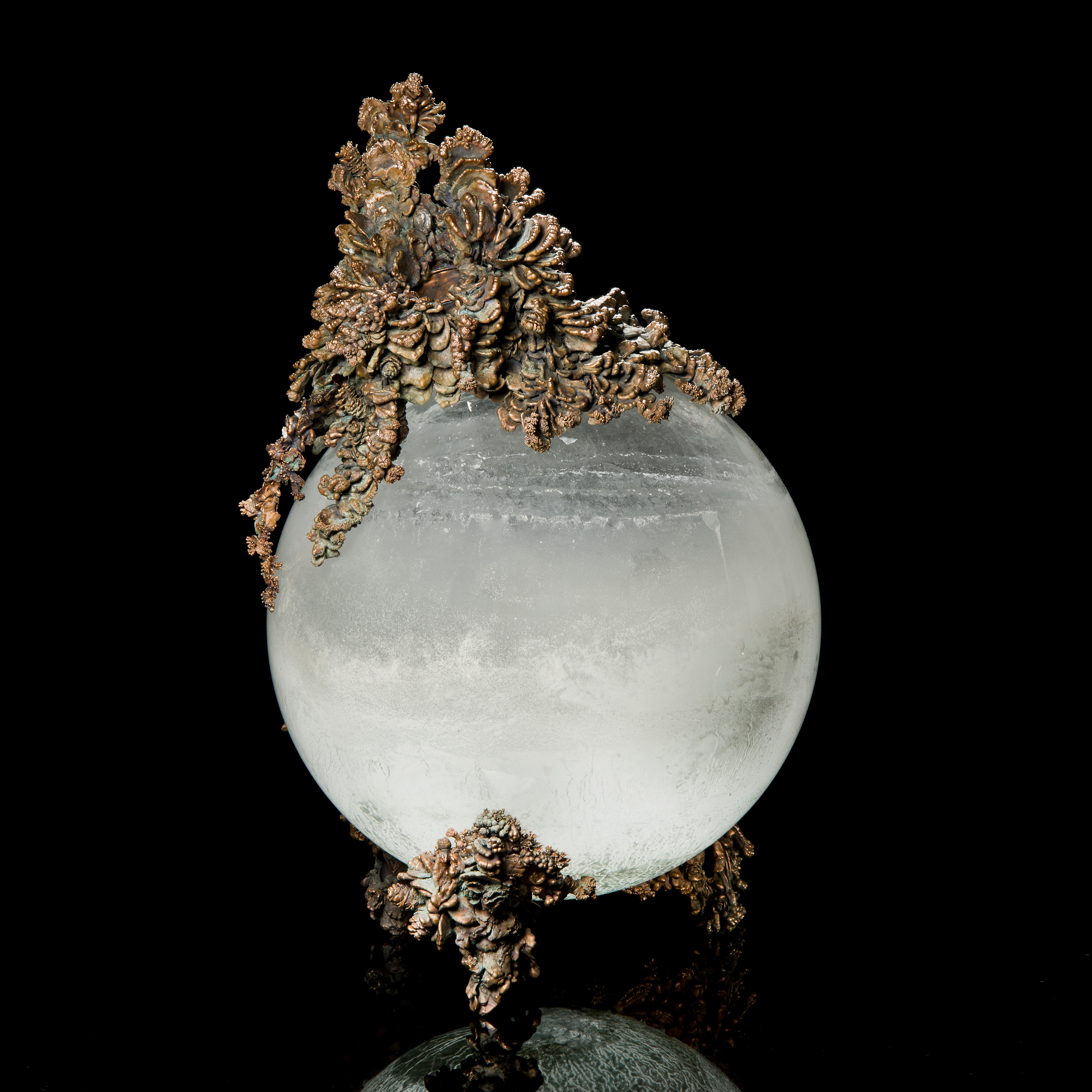 round blown glass ornament with copper and mixed media external additions