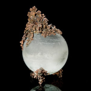 round blown glass ornament with copper and mixed media external additions