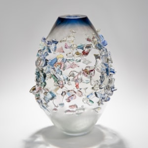 handblown art glass vase in clear and marine colours with external crystal decoration