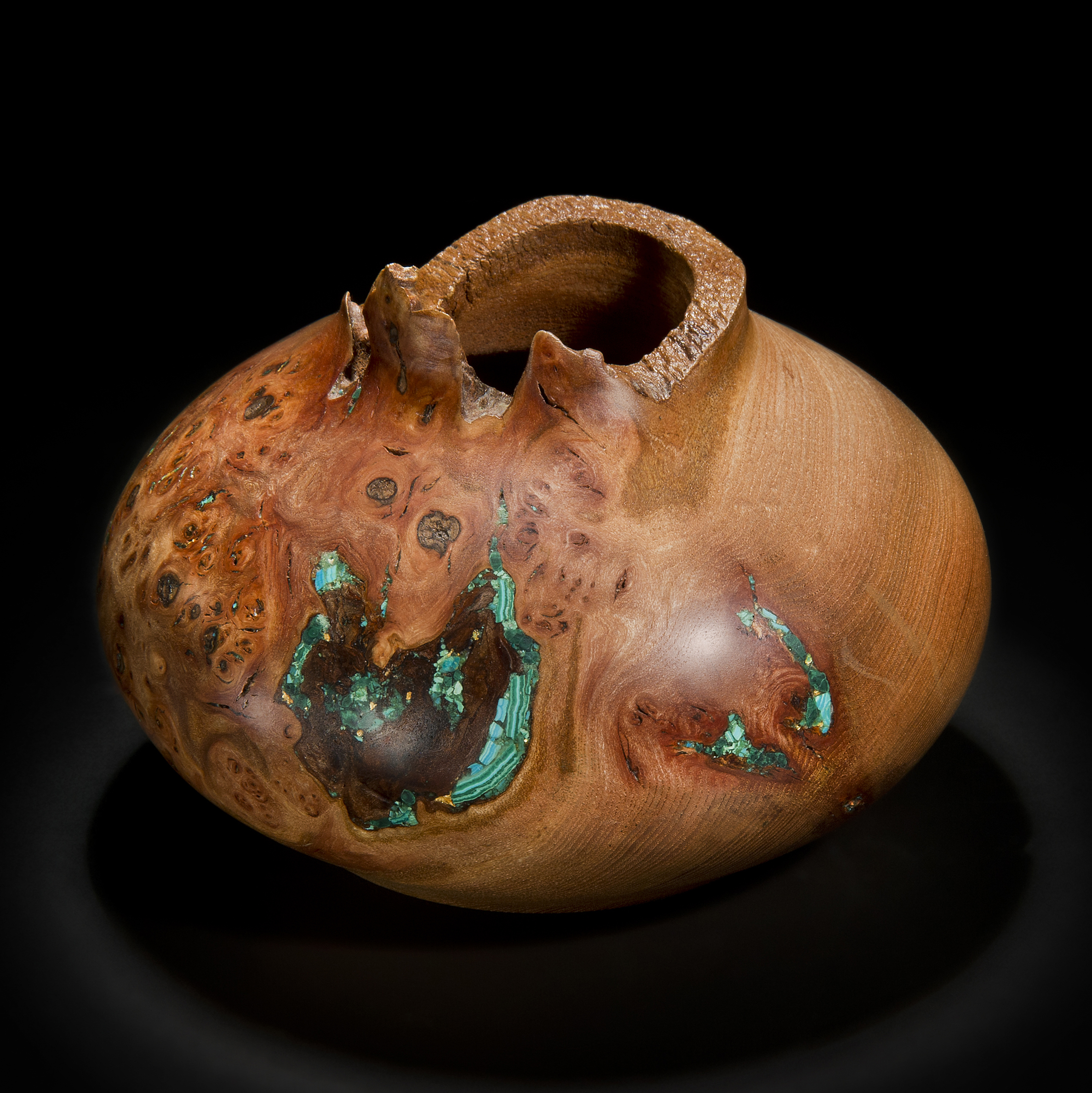 chinese style bowl sculpture made of english elm with precious mineral adornment in turquoise and gold