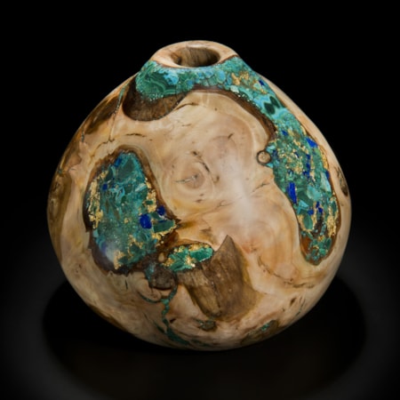 chinese style vessel sculpture using light brown english elm inlaid with malachine azurite and gold stones